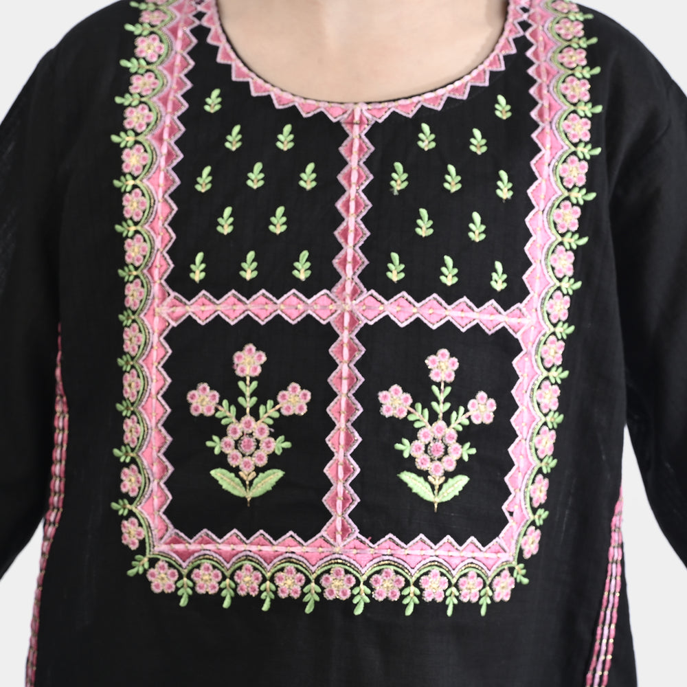 Girls Cotton Emb Kurti-BLACK