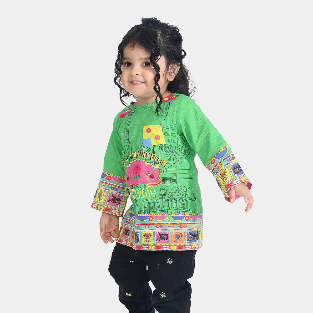 Infant Girls Cotton Printed Kurti Dill Sa Pakistan Ind-L.Green