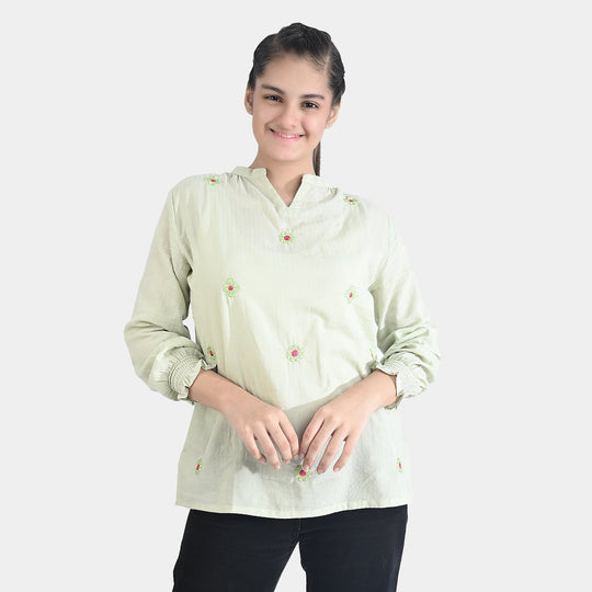 Teen Girls Cotton Casual Tops-LT.Green