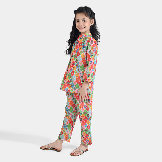 Girls Poly Net Printed 2Pcs RikShaw-Multi