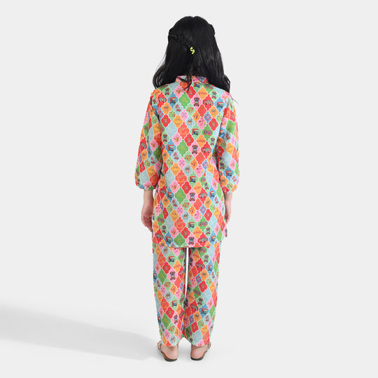 Girls Poly Net Printed 2Pcs RikShaw-Multi