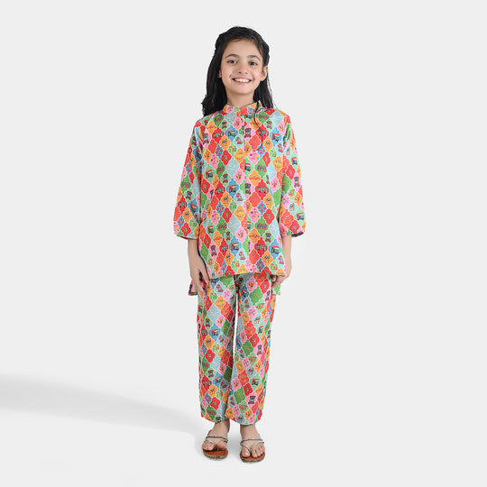 Girls Poly Net Printed 2Pcs RikShaw-Multi