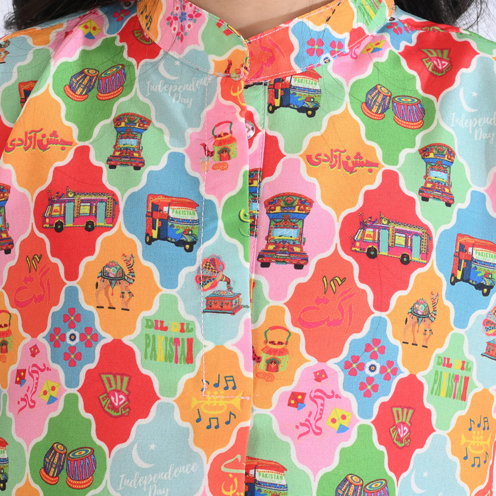 Girls Poly Net Printed 2Pcs RikShaw-Multi