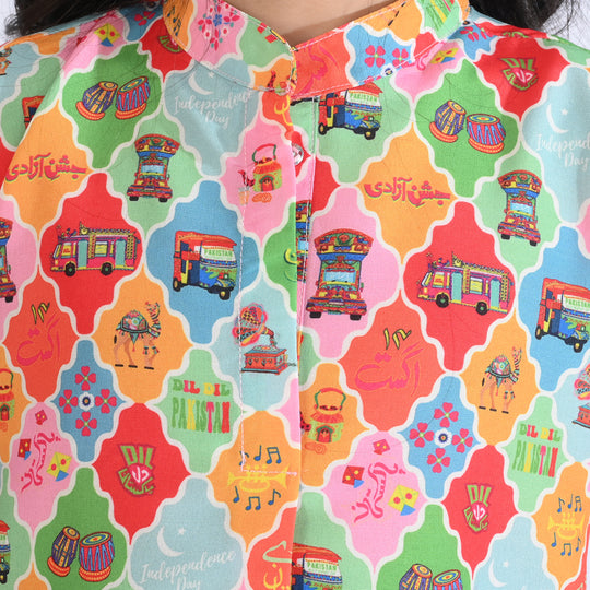 Girls Poly Net Printed 2Pcs RikShaw-Multi