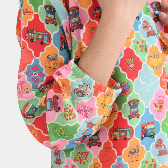 Girls Poly Net Printed 2Pcs RikShaw-Multi