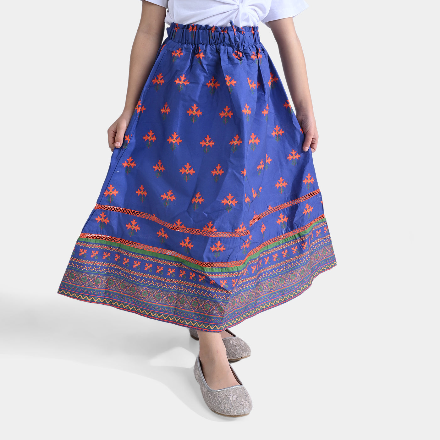 Girls Cotton Poplin Long Skirt Balochi Art-Blue