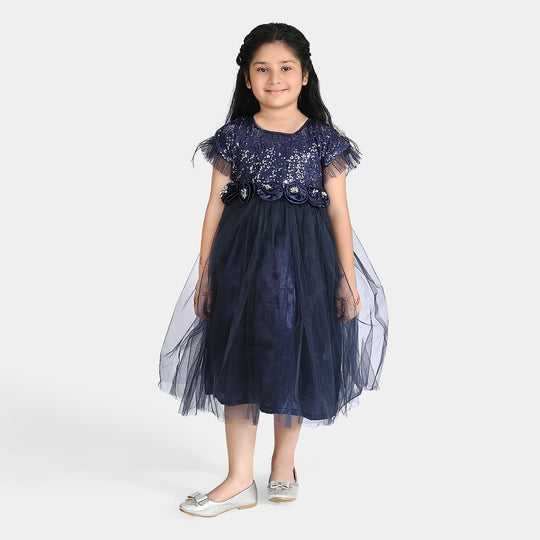 Girls Sequence Fancy Frock Shine-NAVY