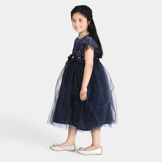 Girls Sequence Fancy Frock Shine-NAVY
