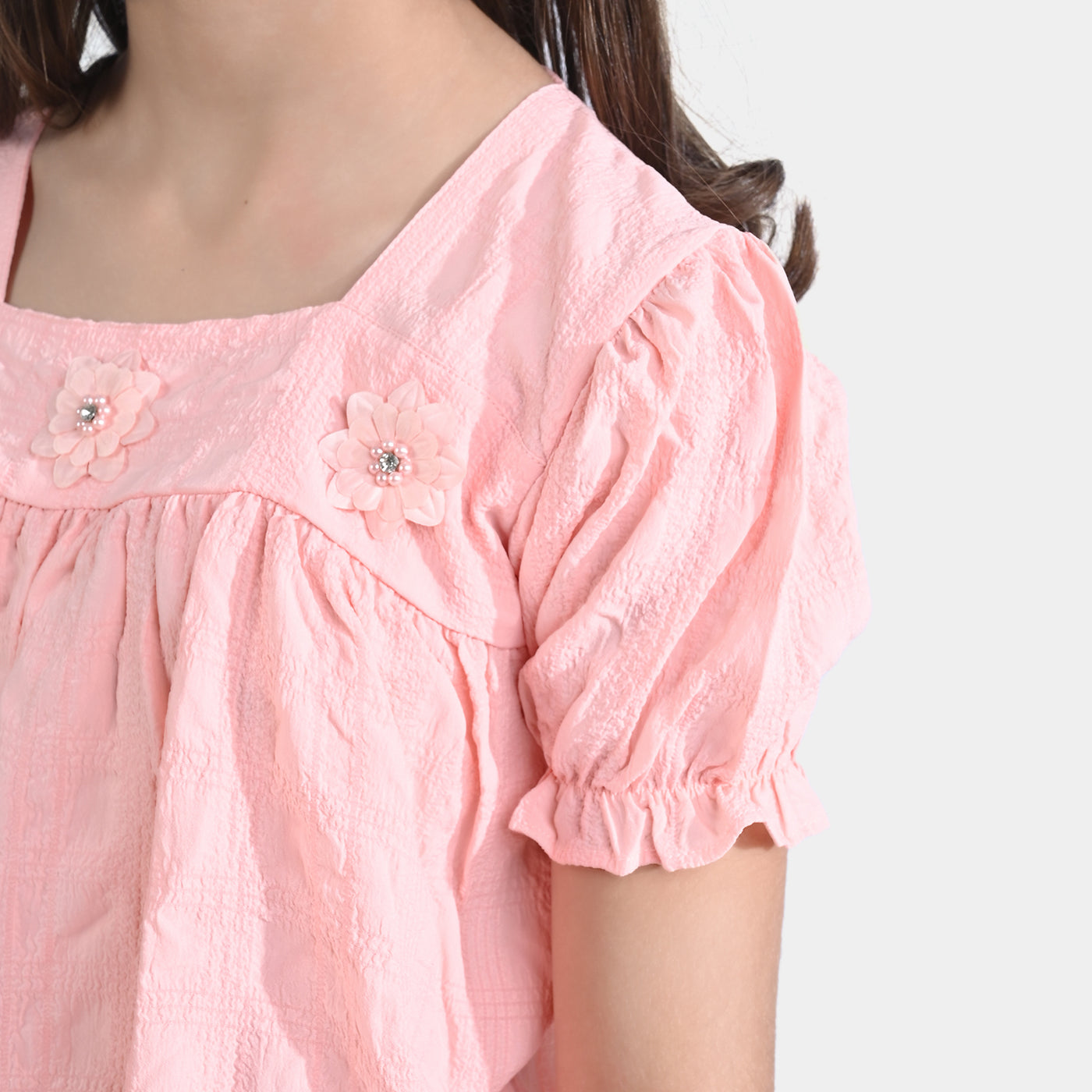 Girls Poly Cotton Casual Top Flora-Peach
