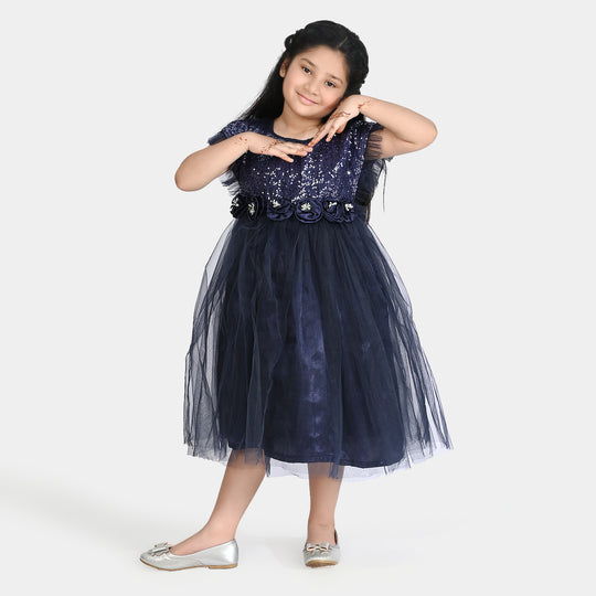 Girls Sequence Fancy Frock Shine-NAVY