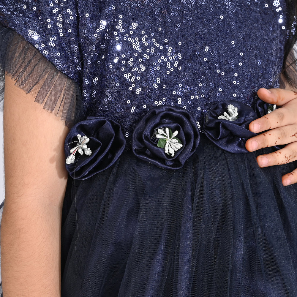 Girls Sequence Fancy Frock Shine-NAVY