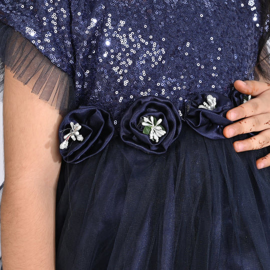 Girls Sequence Fancy Frock Shine-NAVY