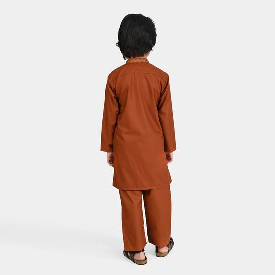 Boys Poly Viscose Kurta Pajama Suit (Collar EMB)-BROWN