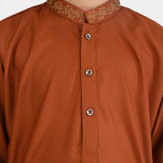 Boys Poly Viscose Kurta Pajama Suit (Collar EMB)-BROWN