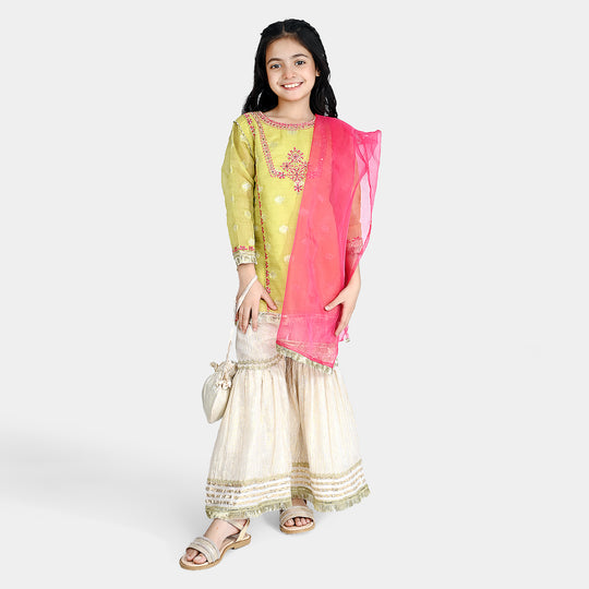 Girls Jacquard Fancy 3 Pcs Suit Gul Naar-Pista.Gren
