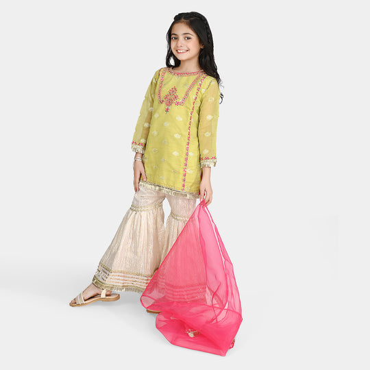 Girls Jacquard Fancy 3 Pcs Suit Gul Naar-Pista.Gren