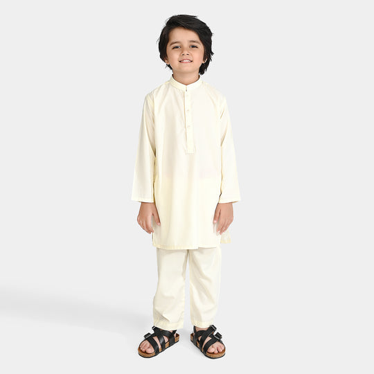 Boys Poly Viscose Kurta Pajama Suit (Square PKT)-Off White