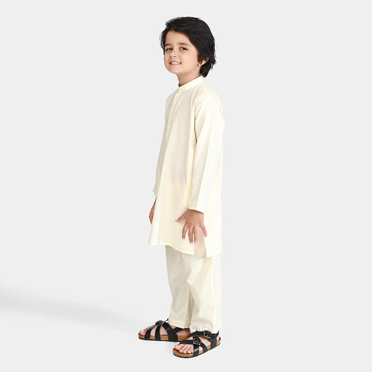 Boys Poly Viscose Kurta Pajama Suit (Square PKT)-Off White