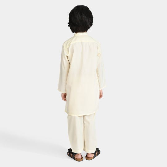 Boys Poly Viscose Kurta Pajama Suit (Square PKT)-Off White