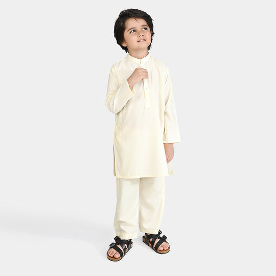 Boys Poly Viscose Kurta Pajama Suit (Square PKT)-Off White