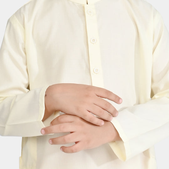 Boys Poly Viscose Kurta Pajama Suit (Square PKT)-Off White