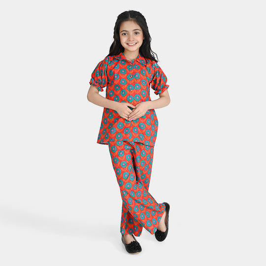 Girls Cotton Poplin Co-Ord Set Teal And Orange
