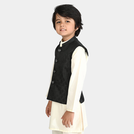 Boys Poly Viscose Waistcoat (Self Textured)-BLACK