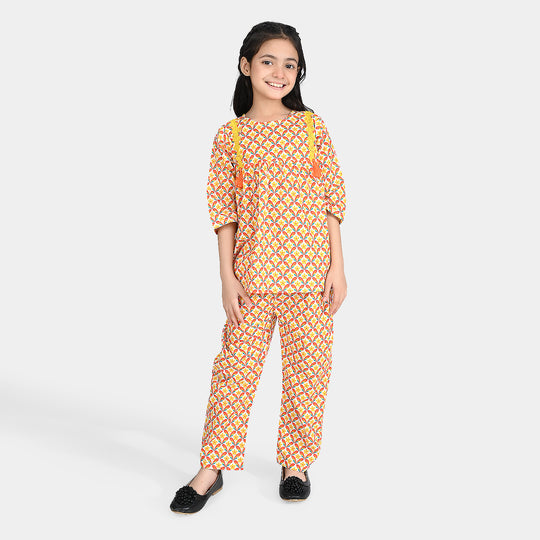 Girls Cotton Poplin Co-Ord Set Star Flowers-Multi