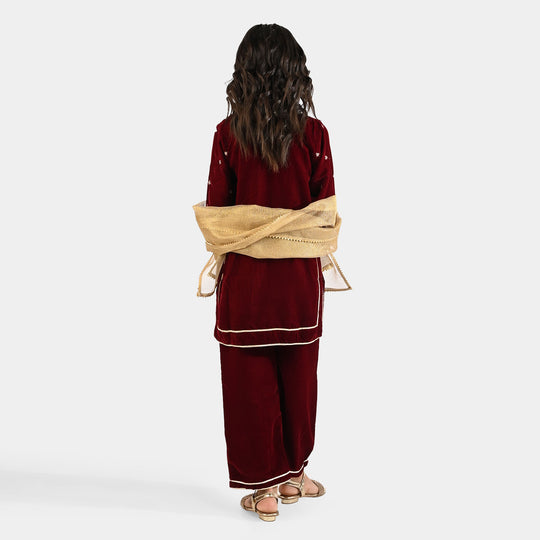 Girls Velvet Fancy 3Pcs - Maroon