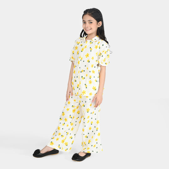 Girls Cotton Crinkle Co-Ord Set White Floral