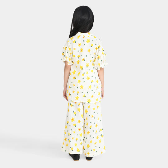 Girls Cotton Crinkle Co-Ord Set White Floral