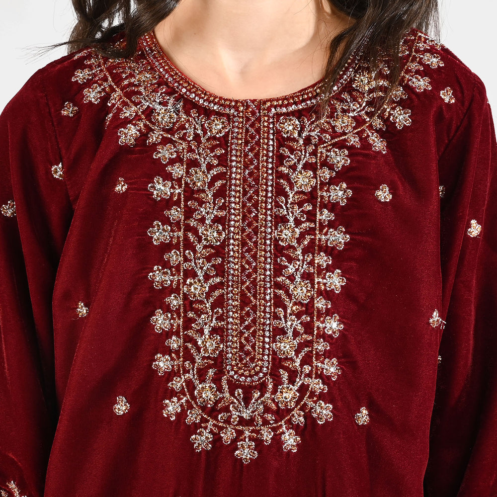 Girls Velvet Fancy 3Pcs - Maroon