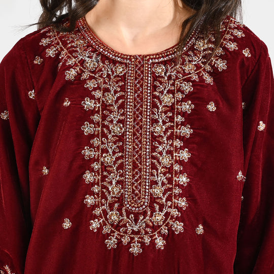 Girls Velvet Fancy 3Pcs - Maroon