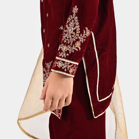 Girls Velvet Fancy 3Pcs - Maroon