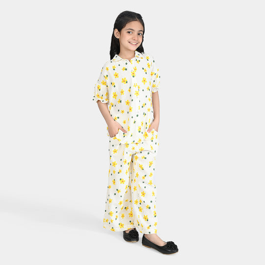Girls Cotton Crinkle Co-Ord Set White Floral