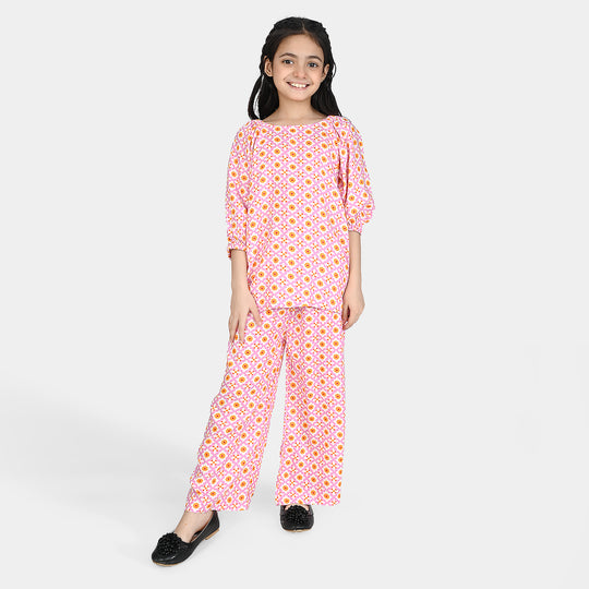 Girls Cotton Viscose Co-Ord Set Mosaic-PINK