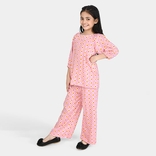 Girls Cotton Viscose Co-Ord Set Mosaic-PINK