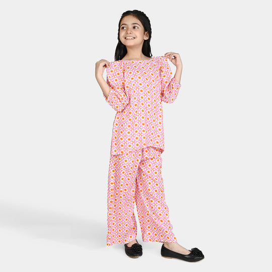 Girls Cotton Viscose Co-Ord Set Mosaic-PINK