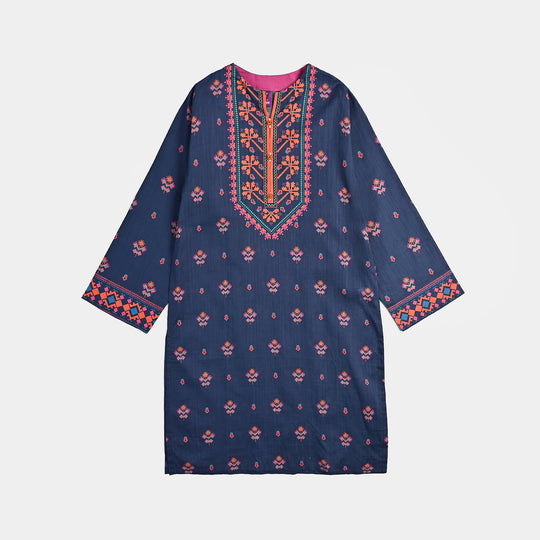 Girls Cotton Slub Printed Kurti Pixel Funk-Blue