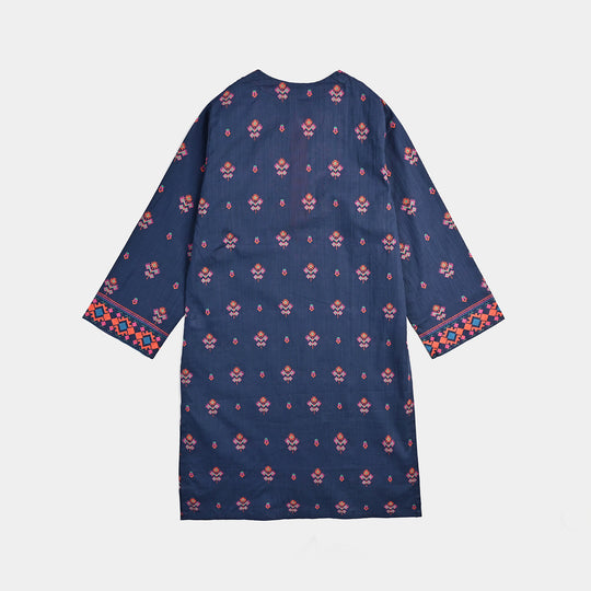 Girls Cotton Slub Printed Kurti Pixel Funk-Blue