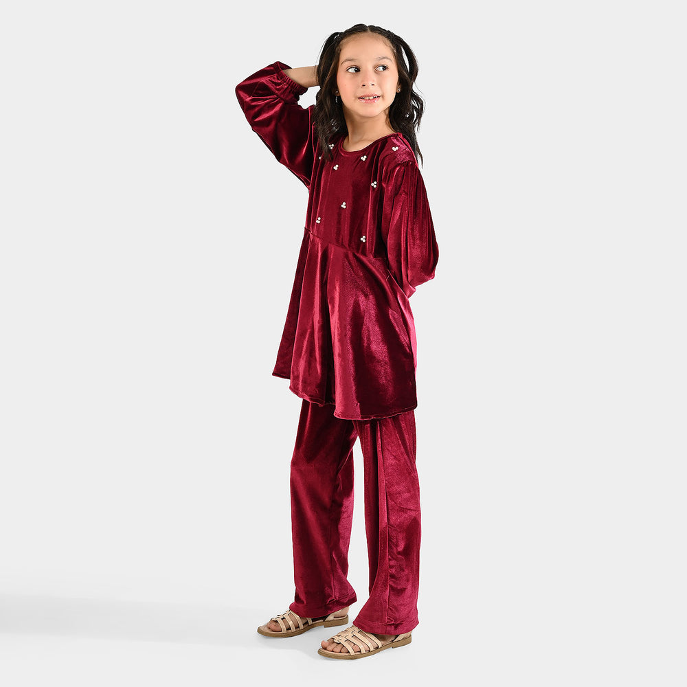 Girls Velvet Co-Set Maroon Love-MAROON