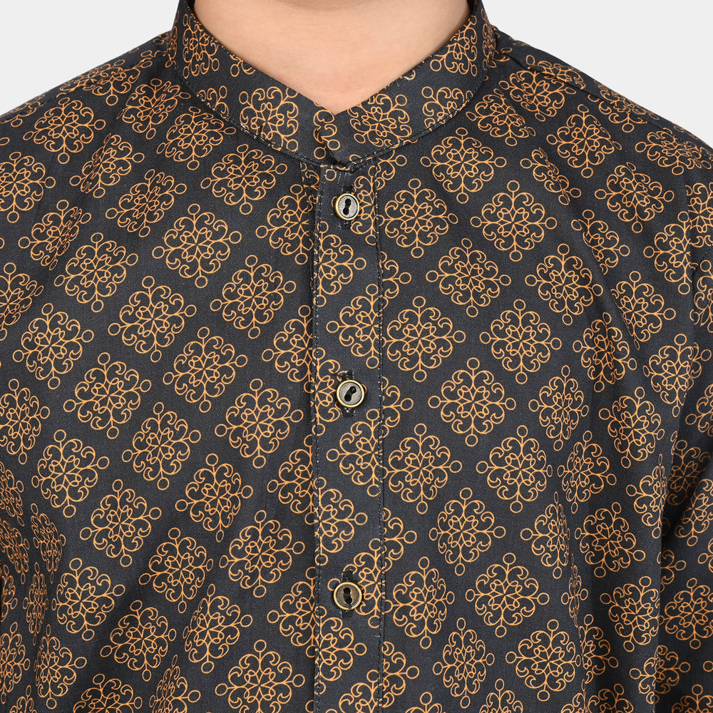 Boys Cotton Slub Printed Kurta (Indi Motif) -BLACK
