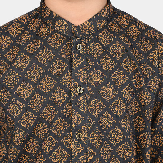 Boys Cotton Slub Printed Kurta (Indi Motif) -BLACK