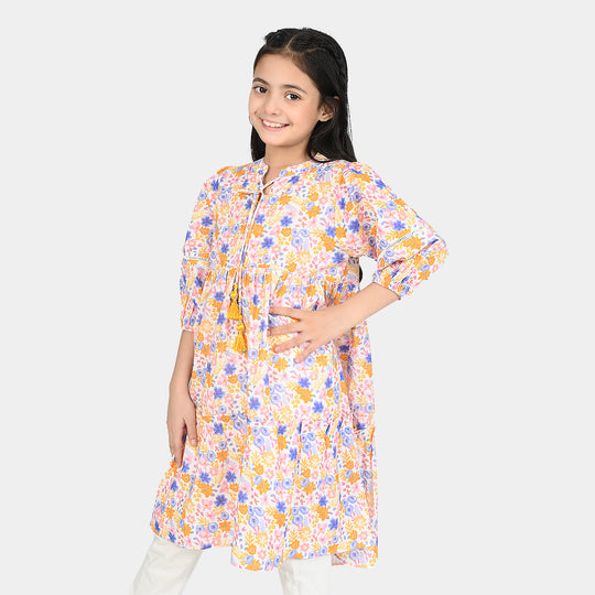Girls Cotton Poplin Long Dress-Multi