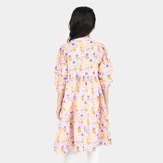 Girls Cotton Poplin Long Dress-Multi