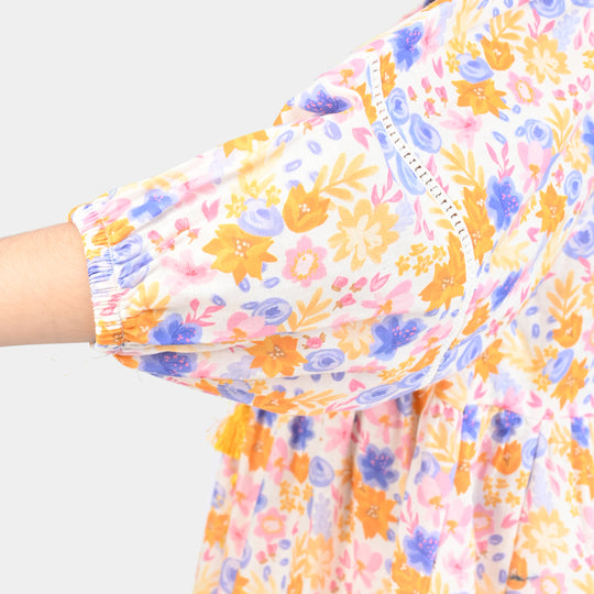 Girls Cotton Poplin Long Dress-Multi