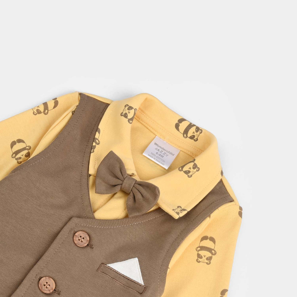Infant Boys Cotton Interlock Romper-Brown/Yellow