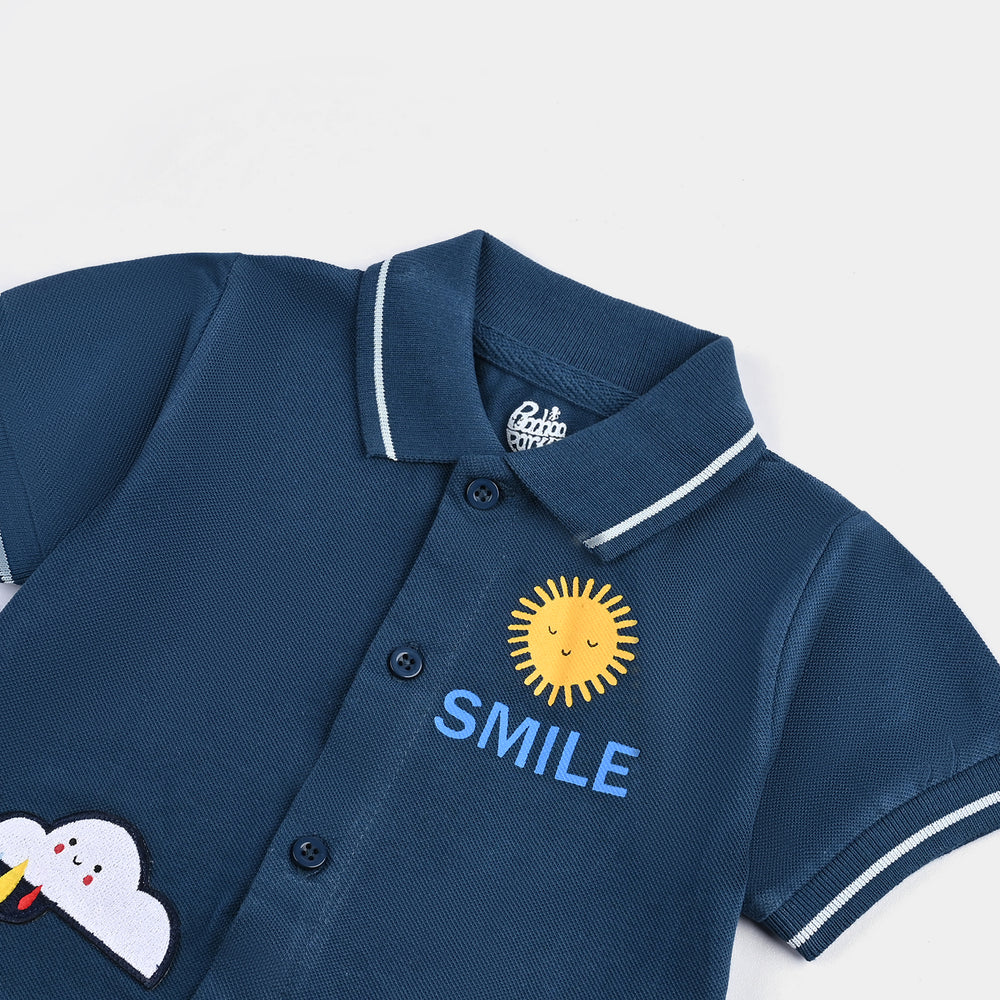 Infant Boys Jumbo Pique Knitted Romper Smile-Blue