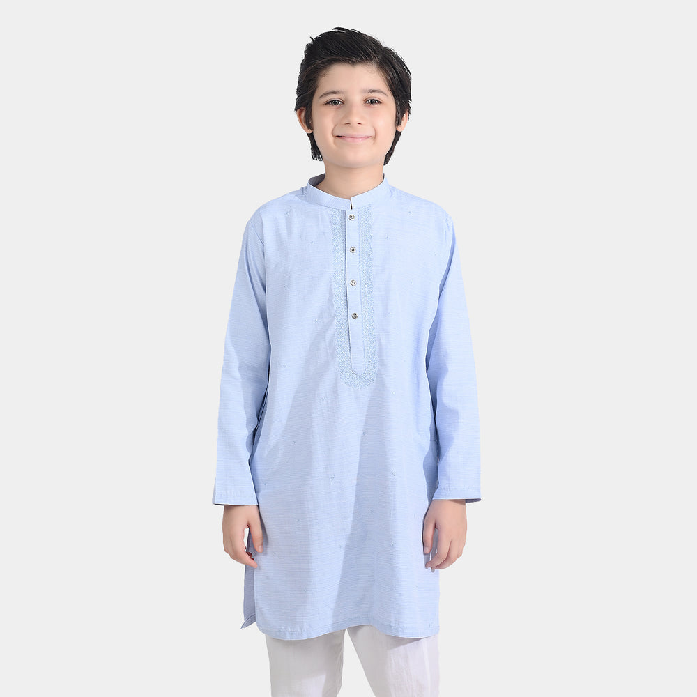 Boys Poly Viscose Embroidered Kurta (Slub EMB)-L.Blue