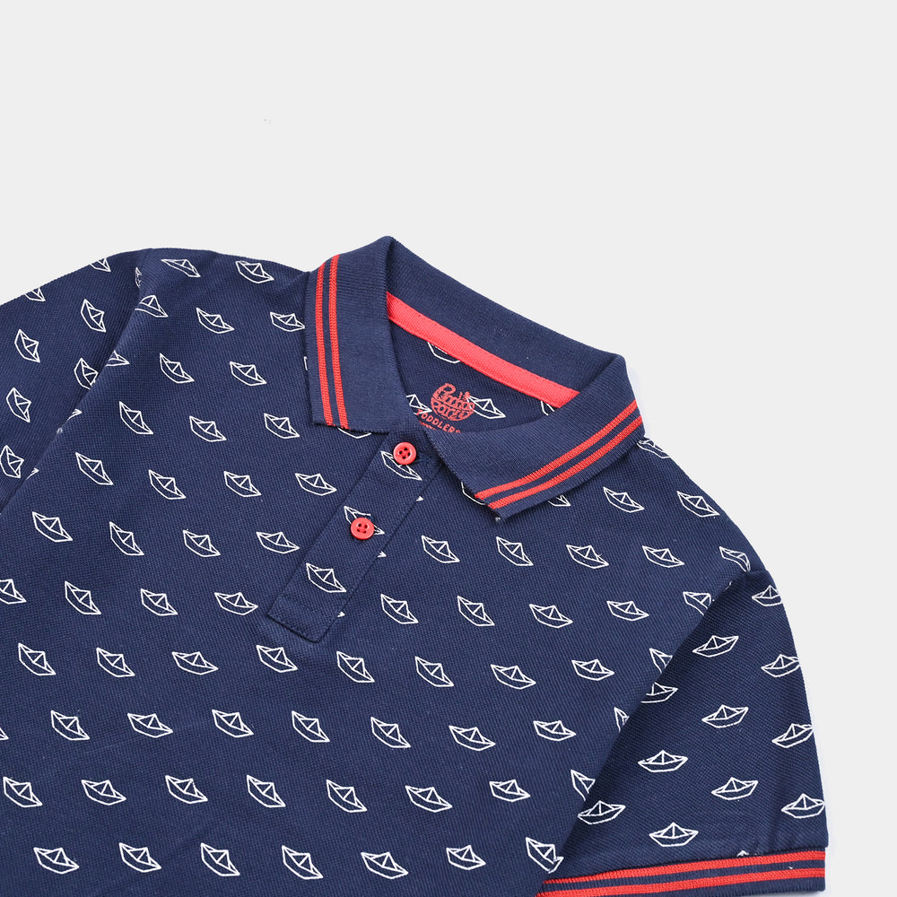 Boys Cotton PK Polo Ships-Navy Blue